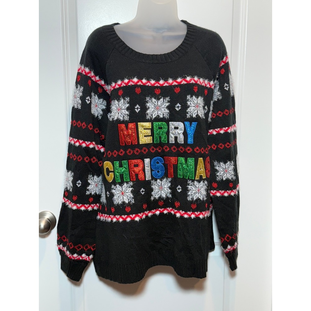 Holiday Time‎ Black Merry Christmas Snowflake Ugly Sweater Women 1X Knit Party
